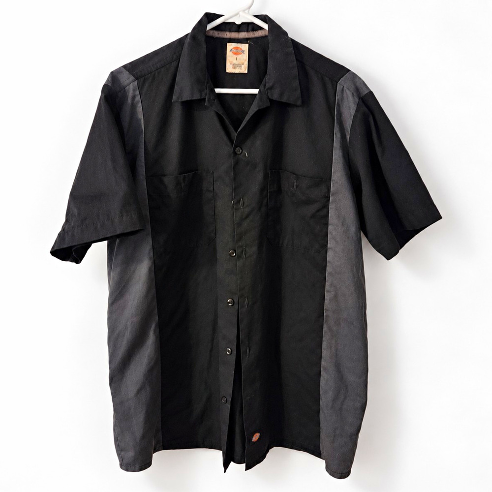 Dickies Men's L Black Solid Short Sleeve Button-Up Point Collar Pocket Shirt
